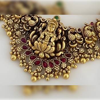 Antique gold lakshmi temple choker set - traditional south indian necklace with matching jhumkas 2
