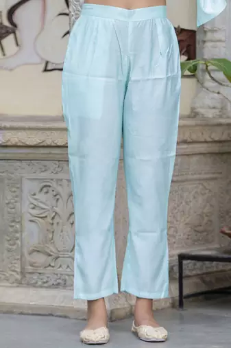 Women's silk blend embroidered kurta pant set with organza embroidery dupatta