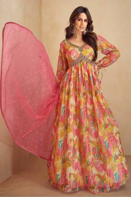 Women's handwork & printed multicolored chinnon anarkali salwar with dupatta- Free Size Stitched(Size upto 42") 1