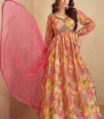 Women's handwork & printed multicolored chinnon anarkali salwar with dupatta- Free Size Stitched(Size upto 42")