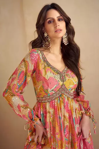 Women's handwork & printed multicolored chinnon anarkali salwar with dupatta- Free Size Stitched(Size upto 42")
