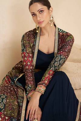 Blue embroidery & sequins work georgette gown suit with jacket- Free Size Stitched(Size upto 42") 2