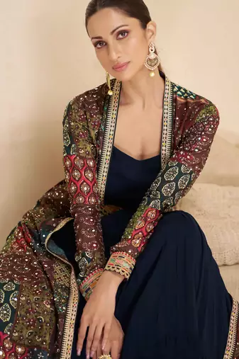 Blue embroidery & sequins work georgette gown suit with jacket- Free Size Stitched(Size upto 42")