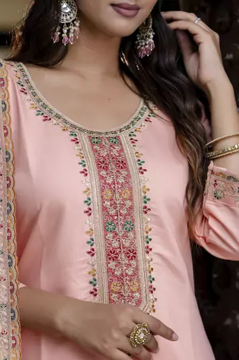Women's silk blend embroidered kurta pant set with organza embroidery dupatta