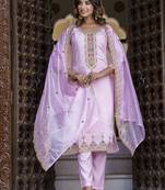 Women's silk blend embroidered kurta pant set with organza embroidery dupatta