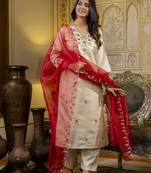 Women's silk blend embroidered kurta pant set with organza embroidery dupatta