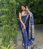 Blue woven jacquard saree with blouse piece