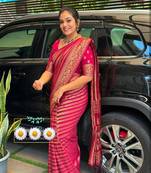 Pink woven jacquard saree with blouse piece