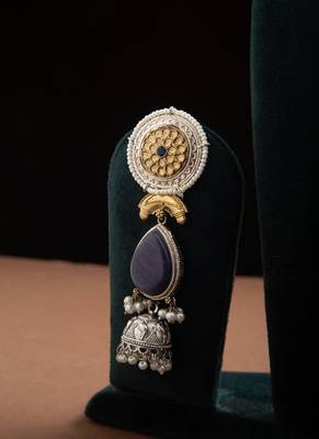 Statement Earrings with Blue Stone and Oxidized Finish 2