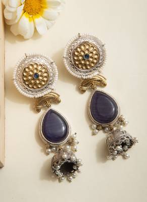 Statement Earrings with Blue Stone and Oxidized Finish 1