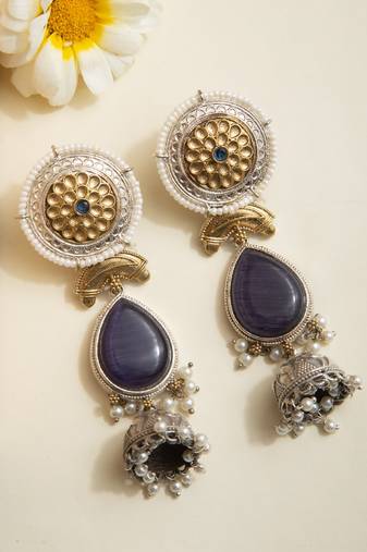 Statement Earrings with Blue Stone and Oxidized Finish