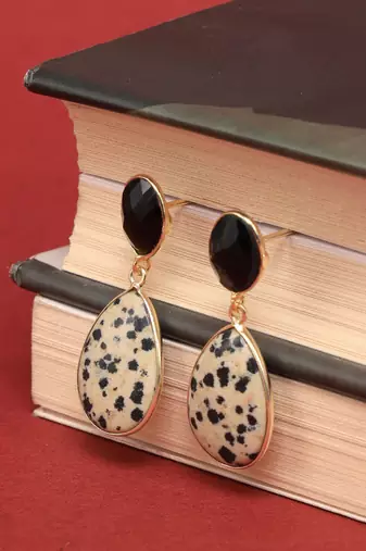Black onyx with dalmation jasper earring