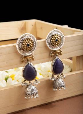 Statement Earrings with Blue Stone and Oxidized Finish 3