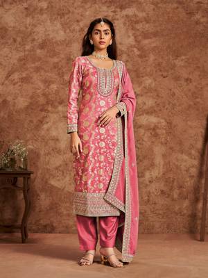 Peach premium dolla jacquard embroidered semi stitched salwar suit 1