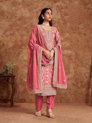 Peach premium dolla jacquard embroidered semi stitched salwar suit 2