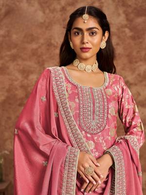 Peach premium dolla jacquard embroidered semi stitched salwar suit 3