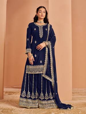 Navy blue premium georgette embroidered semi stitched salwar suit 1
