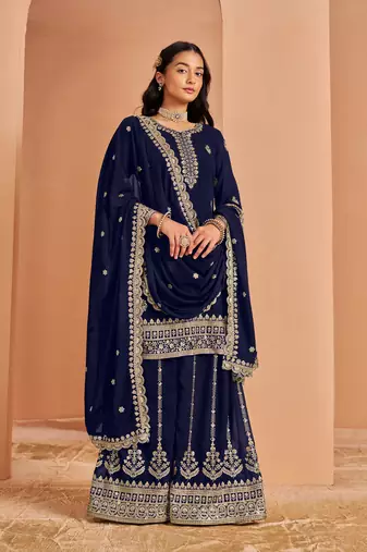 Navy blue premium georgette embroidered semi stitched salwar suit
