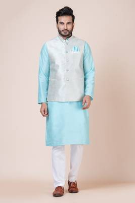 kurta cotton blend set Embroidered gold nehru jacket with kurta payjama set 1