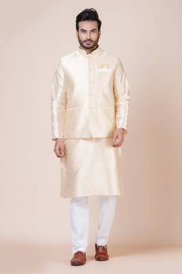 kurta cotton blend set Embroidered gold nehru jacket with kurta payjama set 1
