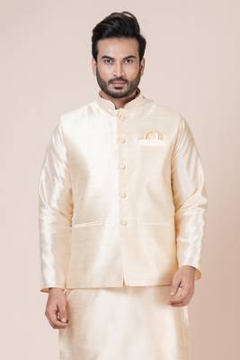kurta cotton blend set Embroidered gold nehru jacket with kurta payjama set 2