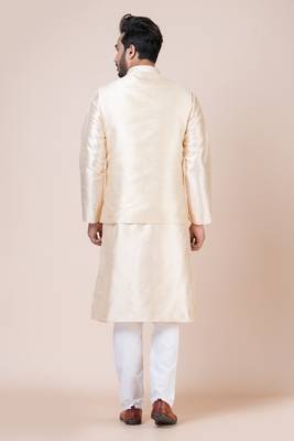 kurta cotton blend set Embroidered gold nehru jacket with kurta payjama set 3