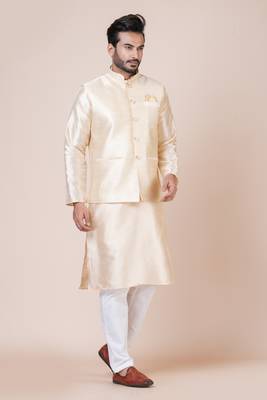 kurta cotton blend set Embroidered gold nehru jacket with kurta payjama set 4