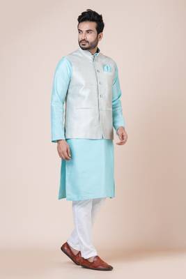 kurta cotton blend set Embroidered gold nehru jacket with kurta payjama set 4