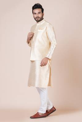 kurta cotton blend set Embroidered gold nehru jacket with kurta payjama set 5