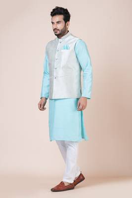 kurta cotton blend set Embroidered gold nehru jacket with kurta payjama set 5