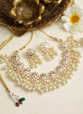 Gold-Plated Necklace with Pearl Jhumkis & Stone-Studded Earrings Set 1