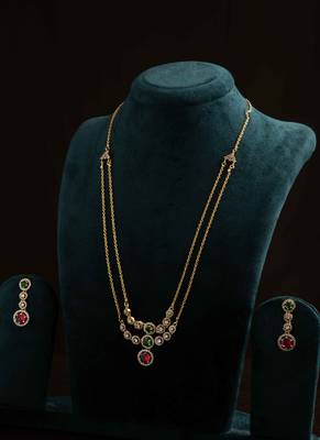 Gold Chain Necklace with Pink Stone Pendant & Matching Earrings 1