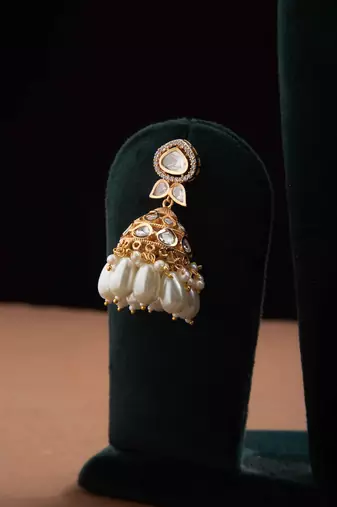 Classic Kundan Jhumka Earrings with White Drops