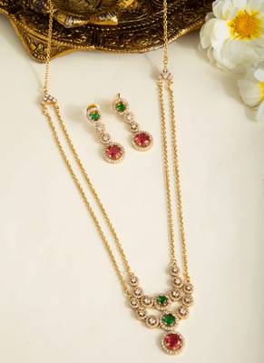 Gold Chain Necklace with Pink Stone Pendant & Matching Earrings 3