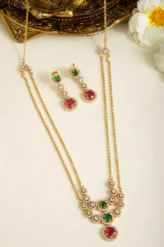 Gold Chain Necklace with Pink Stone Pendant & Matching Earrings