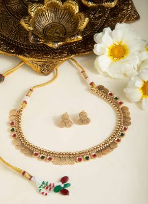 Gold-Plated Necklace with Red & Green Stone Accents 1