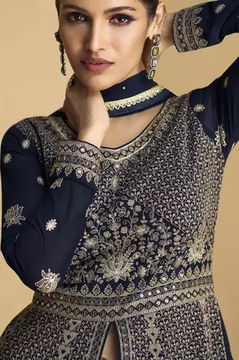 Blue embroidered georgette anarkali salwar suit