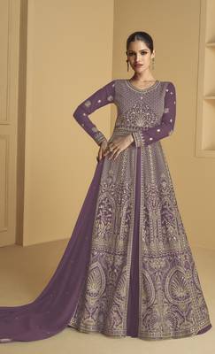 Mauve embroidered georgette anarkali salwar suit 1