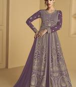 Mauve embroidered georgette semi-anarkali salwar suit