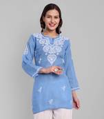 Hand embroidered blue cotton lucknowi chikankari short kurti/top