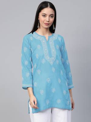 Hand embroidered sky blue cotton lucknowi chikankari short kurti/top 1