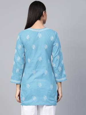 Hand embroidered sky blue cotton lucknowi chikankari short kurti/top 2