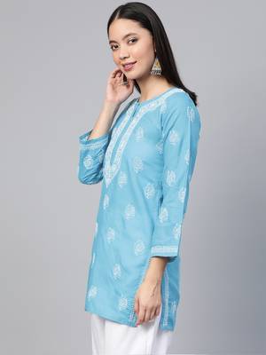 Hand embroidered sky blue cotton lucknowi chikankari short kurti/top 3