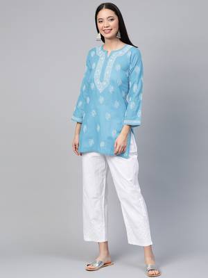 Hand embroidered sky blue cotton lucknowi chikankari short kurti/top 4