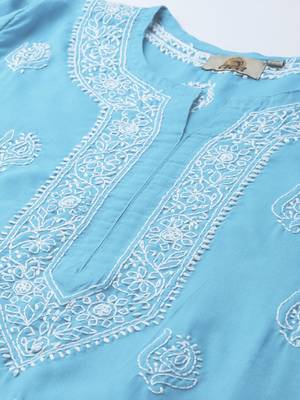Hand embroidered sky blue cotton lucknowi chikankari short kurti/top 5