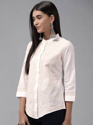 Hand embroidered white cotton lucknowi chikankari shirt 3