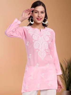 Hand embroidered baby pink cotton lucknowi chikankari short kurti/top 1