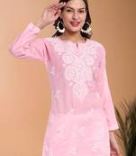 Hand embroidered baby pink cotton lucknowi chikankari short kurti/top