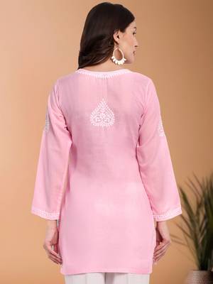 Hand embroidered baby pink cotton lucknowi chikankari short kurti/top 2
