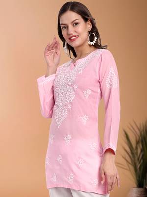 Hand embroidered baby pink cotton lucknowi chikankari short kurti/top 3